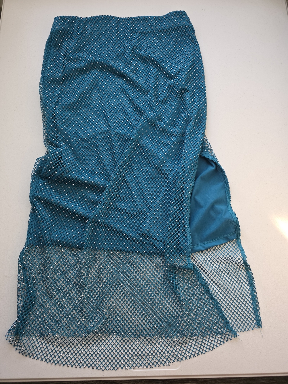 Sincerely Jules Teal Layered Mermaid Fishnet Midi Skirt With Rhinestones